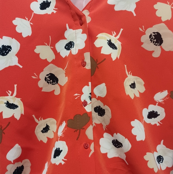 Zara Button Back Plunge Boat Neckline 3/4 Sleeve Floral Top | Red Orange; sz M - Picture 9 of 14